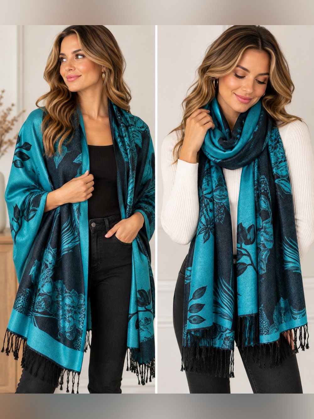 Floral Scarf wrap in Blue & Black